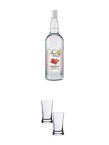 Alpenschnaps Steinbeisser Himbeere 1,0 Liter + Stölzle Shotglas/Stamper 2 Stück 2050021 von 1a Schiefer