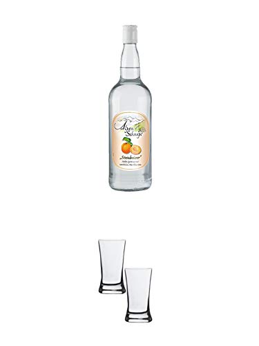 Alpenschnaps Steinbeisser Marille 1,0 Liter + Stölzle Shotglas/Stamper 2 Stück 2050021 von 1a Schiefer