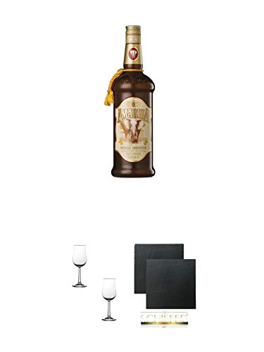 Amarula Südafrika Likör mit Sahne 0,7 Liter + Nosing Gläser Kelchglas Bugatti mit Eichstrich 2cl und 4cl - 2 Stück + Schiefer Glasuntersetzer eckig ca. 9,5 cm Ø 2 Stück von 1a Schiefer