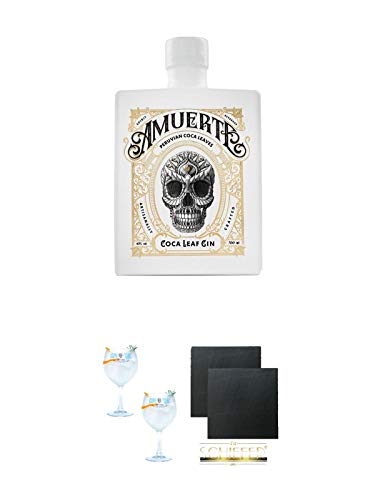 Amuerte Coca Leaf Gin 0,7 Liter White Edition + Gin Sul Copo Ballon Glas 2 Stück + Schiefer Glasuntersetzer eckig ca. 9,5 cm Ø 2 Stück von 1a Schiefer