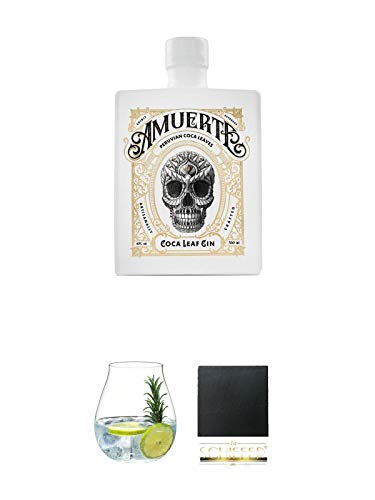 Amuerte Coca Leaf Gin 0,7 Liter White Edition + Gin Tonic Glas - 5414/67 + Schiefer Glasuntersetzer eckig ca. 9,5 cm Durchmesser von 1a Schiefer