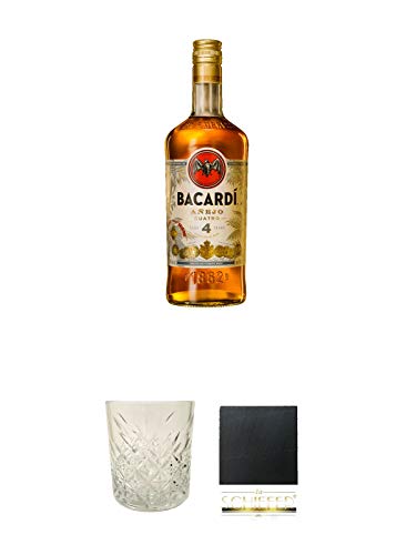 Bacardi Anejo Cuatro Rum Bahamas 0,70 Liter + Rum Glas 1 Stück + Schiefer Glasuntersetzer eckig ca. 9,5 cm Durchmesser von 1a Schiefer