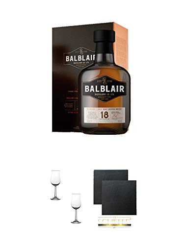 Balblair 18 Jahre 0,7 Liter + Nosing Gläser Kelchglas Bugatti mit Eichstrich 2cl und 4cl - 2 Stück + Schiefer Glasuntersetzer eckig ca. 9,5 cm Ø 2 Stück von 1a Schiefer