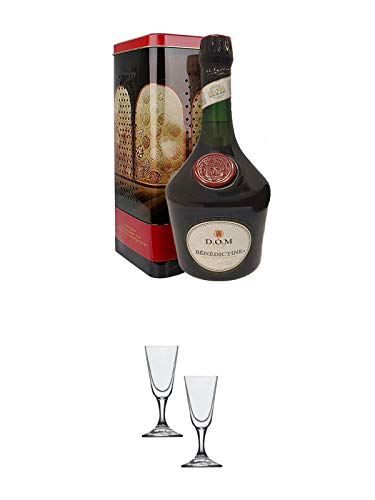 Benedictine Dom Likör mit Geschenkverpackung 0,7 Liter + Stölzle Likörglas/Stamper 2 Stück 3030005 von 1a Schiefer