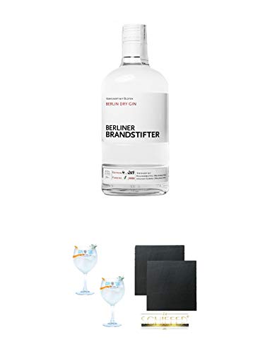 Berliner Brandstifter Dry Gin Deutschland 0,7 Liter + Gin Sul Copo Ballon Glas 2 Stück + Schiefer Glasuntersetzer eckig ca. 9,5 cm Ø 2 Stück von 1a Schiefer