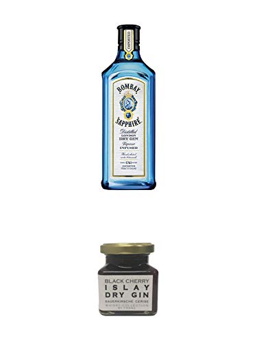 Bombay Sapphire Gin 0,7 Liter + Islay Dry Gin Black Cherry Sauerkirsche Marmelade 150 Gramm von 1a Schiefer