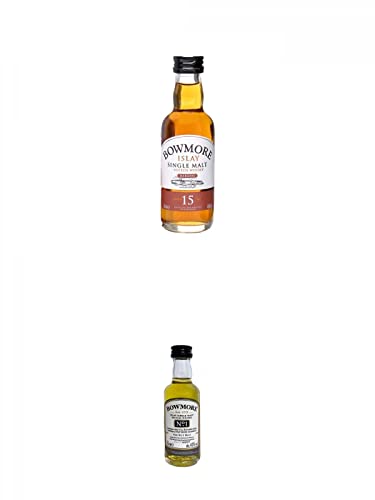 Bowmore 15 Jahre neue Ausstattung Single Malt Whisky Miniatur 5 cl + Bowmore No.1 Single Malt Whisky 40% 0,05 Liter Miniatur von 1a Schiefer