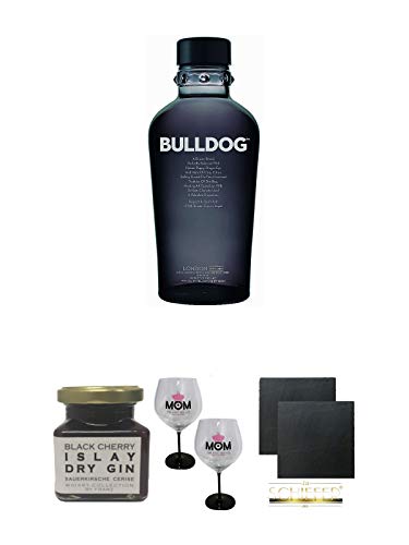 Bulldog London Gin 0,7 Liter + Islay Dry Gin Black Cherry Sauerkirsche Marmelade 150 Gramm + MOM Ballon Glas 2 Stück + Schiefer Glasuntersetzer eckig ca. 9,5 cm Ø 2 Stück Bulldog London Gin 0,7 Liter + Islay Dry Gin Black Cherry Sauerkirsche Marmelade 150 Gramm + MOM Ballon Glas 2 Stück + Schiefer Glasuntersetzer eckig ca. 9,5 cm Ø 2 Stück von 1a Schiefer