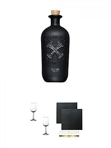 Bumbu - XO - Spirituose auf Rumbasis 35% (Schwarze Flasche) 0,7 Liter + Nosing Gläser Kelchglas Bugatti mit Eichstrich 2cl und 4cl - 2 Stück + Schiefer Glasuntersetzer eckig ca. 9,5 cm Ø 2 Stück von 1a Schiefer