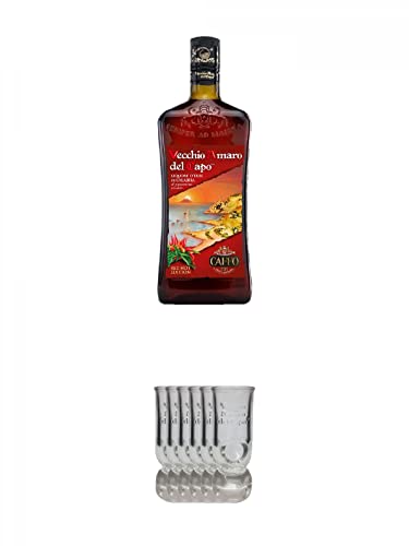 Caffo Amaro - RED HOT EDITION - aus Italien 0,7 Liter + Caffo Shot Gläser mit Eichstrich 1 x 6er Set von 1a Schiefer