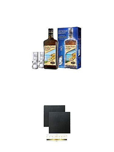 Caffo Vecchio Amaro del Capo Kräuterlikör 0,7 Liter + 2 Gläser in Geschenkverpackung + Schiefer Glasuntersetzer eckig ca. 9,5 cm Ø 2 Stück von 1a Schiefer