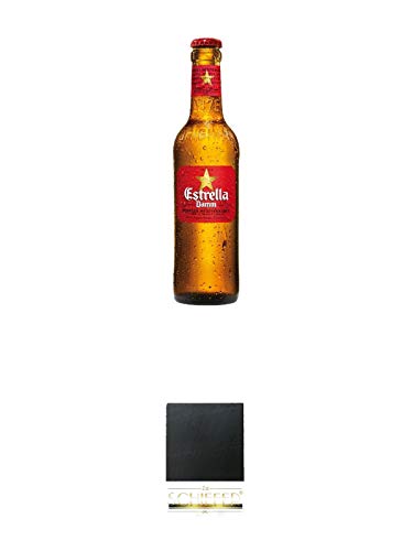 Cerveza Estrella Galicia Spanien DAMM 0.33 Liter + Schiefer Glasuntersetzer eckig ca. 9,5 cm Durchmesser von 1a Schiefer