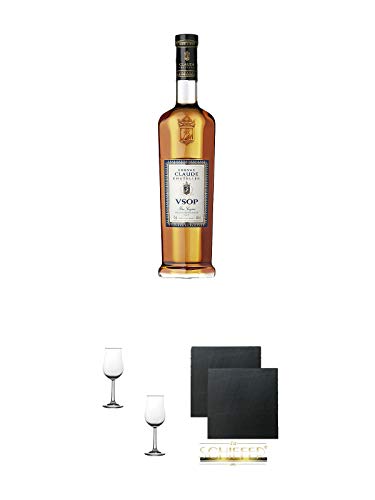 Claude Chatelier Cognac VSOP 0,7 Liter + Nosing Gläser Kelchglas Bugatti mit Eichstrich 2cl und 4cl - 2 Stück + Schiefer Glasuntersetzer eckig ca. 9,5 cm Ø 2 Stück von 1a Schiefer