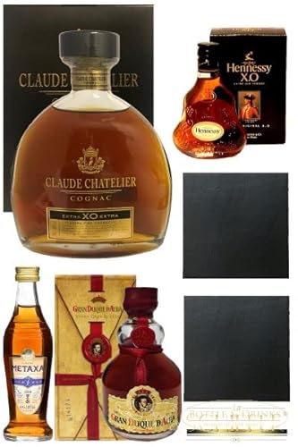 Claude Chatelier Cognac XO 0,7 Liter + Hennessy XO 5 cl + Metaxa 7-Sterne Mini + Gran Duque 5 cl + 2 Schieferuntersetzer von 1a Schiefer