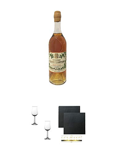 Cognac Dudognon Heritage GRANDE CHAMPAGNE 1ER CRU DU COGNAC Frankreich + Nosing Gläser Kelchglas Bugatti mit Eichstrich 2cl und 4cl - 2 Stück + Schiefer Glasuntersetzer eckig ca. 9,5 cm Ø 2 Stück von 1a Schiefer