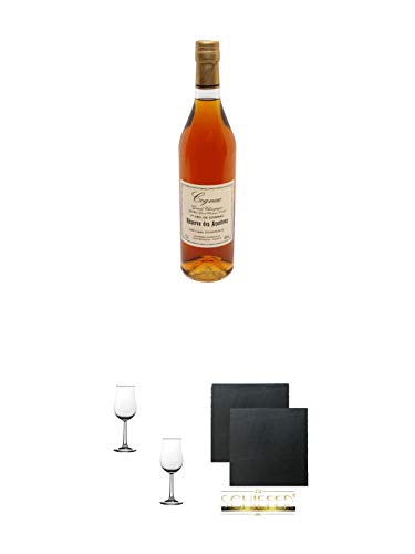 Cognac Dudognon Reserve Ancetres - GRANDE CHAMPAGNE 1ER CRU DU COGNAC - Frankreich + Nosing Gläser Kelchglas Bugatti mit Eichstrich 2cl und 4cl - 2 Stück + Schiefer Glasuntersetzer eckig ca. 9,5 cm Ø 2 Stück von 1a Schiefer