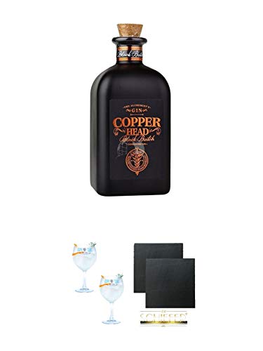 Copperhead Black Batch London Dry Gin 0,5 Liter + Gin Sul Copo Ballon Glas 2 Stück + Schiefer Glasuntersetzer eckig ca. 9,5 cm Ø 2 Stück von 1a Schiefer