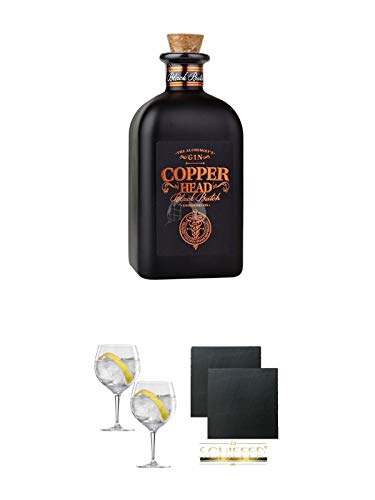 Copperhead Black Batch London Dry Gin 0,5 Liter + Spiegelau Gin & Tonic 4390179 2 Gläser + Schiefer Glasuntersetzer eckig ca. 9,5 cm Ø 2 Stück von 1a Schiefer