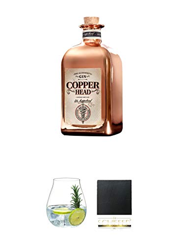 Copperhead The Alchemist Gin 0,5 Liter + Gin Tonic Glas - 5414/67 + Schiefer Glasuntersetzer eckig ca. 9,5 cm Durchmesser von 1a Schiefer