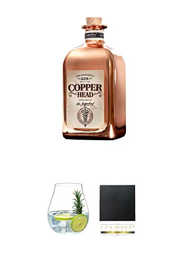 Copperhead The Alchemist Gin 0,5 Liter + Gin Tonic Glas - 5414/67 + Schiefer Glasuntersetzer eckig ca. 9,5 cm Durchmesser von 1a Schiefer