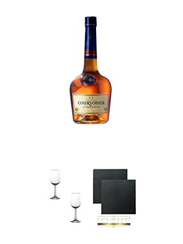 Courvoisier VS Cognac 0,7 Liter + Nosing Gläser Kelchglas Bugatti mit Eichstrich 2cl und 4cl - 2 Stück + Schiefer Glasuntersetzer eckig ca. 9,5 cm Ø 2 Stück von 1a Schiefer