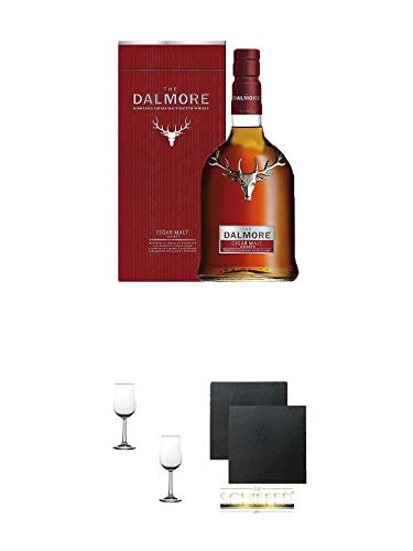 Dalmore Cigar Malt 0,7 Liter + Nosing Gläser Kelchglas Bugatti mit Eichstrich 2cl und 4cl - 2 Stück + Schiefer Glasuntersetzer eckig ca. 9,5 cm Ø 2 Stück von 1a Schiefer