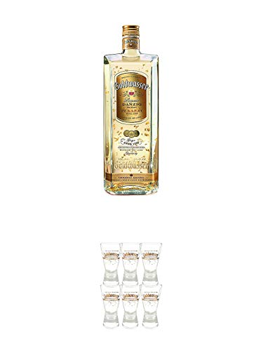 Danziger Goldwasser Likör 0,7 Liter + Der Lachs Danziger Goldwasser Shotglas 2 cl 6 Stück von 1a Schiefer