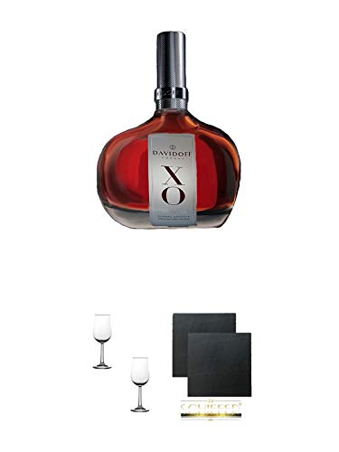 Davidoff XO Cognac 0,7 Liter aus Charente + Nosing Gläser Kelchglas Bugatti mit Eichstrich 2cl und 4cl - 2 Stück + Schiefer Glasuntersetzer eckig ca. 9,5 cm Ø 2 Stück von 1a Schiefer