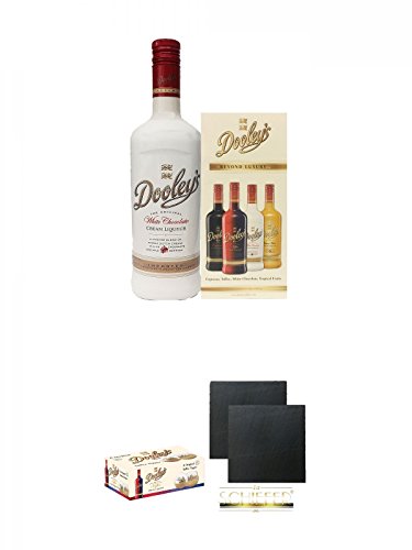 Dooleys Likör White Chocolate mit Wodka 0,7 Liter + Dooleys Cocktailheft + Dooleys 6 Stück Gläser + Schiefer Glasuntersetzer eckig ca. 9,5 cm Ø 2 Stück von 1a Schiefer