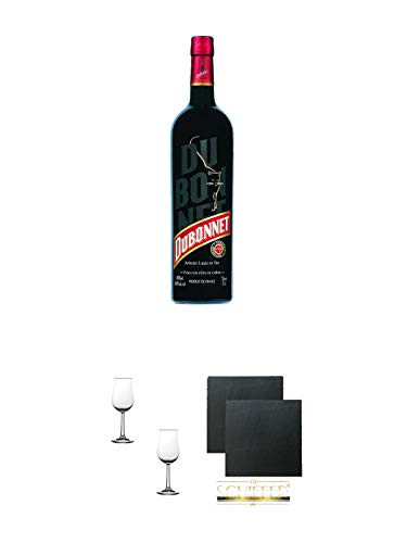 Dubonnet Pastis de Marseille Frankreich 0,7 Liter + Nosing Gläser Kelchglas Bugatti mit Eichstrich 2cl und 4cl - 2 Stück + Schiefer Glasuntersetzer eckig ca. 9,5 cm Ø 2 Stück von 1a Schiefer