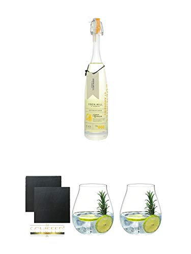 Eden Mill Gin Likör Lemon & Raisin Schottland 0,35 Liter + Schiefer Glasuntersetzer eckig ca. 9,5 cm Ø 2 Stück + Gin Tonic Glas - 5414/67 + Gin Tonic Glas - 5414/67 von 1a Schiefer