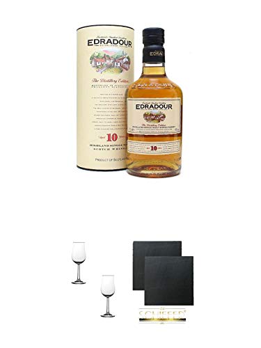 Edradour 10 Jahre Single Malt Whisky 0,7 Liter + Nosing Gläser Kelchglas Bugatti mit Eichstrich 2cl und 4cl - 2 Stück + Schiefer Glasuntersetzer eckig ca. 9,5 cm Ø 2 Stück von 1a Schiefer