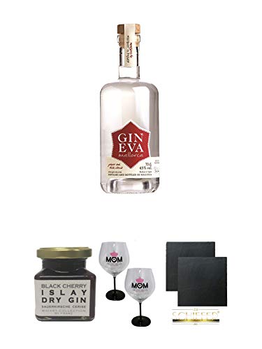 Eva Gin Mallorca 0,7 Liter + Islay Dry Gin Black Cherry Sauerkirsche Marmelade 150 Gramm + MOM Ballon Glas 2 Stück + Schiefer Glasuntersetzer eckig ca. 9,5 cm Ø 2 Stück Eva Gin Mallorca 0,7 Liter + Islay Dry Gin Black Cherry Sauerkirsche Marmelade 150 Gramm + MOM Ballon Glas 2 Stück + Schiefer Glasuntersetzer eckig ca. 9,5 cm Ø 2 Stück von 1a Schiefer