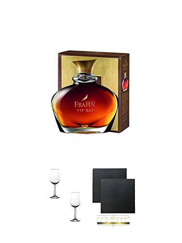 Frapin Cognac V.I.P XO 0,7 Liter + Nosing Gläser Kelchglas Bugatti mit Eichstrich 2cl und 4cl - 2 Stück + Schiefer Glasuntersetzer eckig ca. 9,5 cm Ø 2 Stück von 1a Schiefer