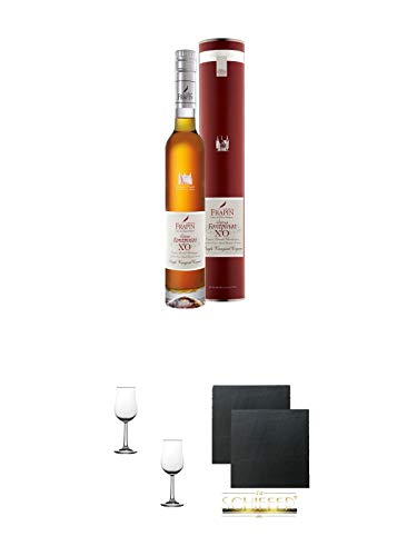 Frapin Fontpinot Cognac XO 0,35 Liter (Halbe) + Nosing Gläser Kelchglas Bugatti mit Eichstrich 2cl und 4cl - 2 Stück + Schiefer Glasuntersetzer eckig ca. 9,5 cm Ø 2 Stück von 1a Schiefer