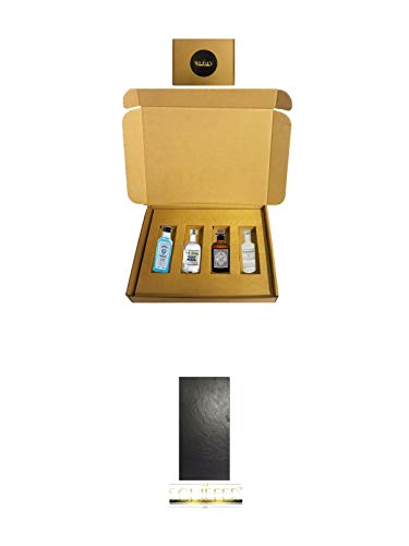 Geschenkbox mit 4 Gin Miniaturen Set 1 + Schiefer Servierplatte/Buffetplatte/Käseplatte 30 x 20 x 0,7 cm Kesper Natur von 1a Schiefer