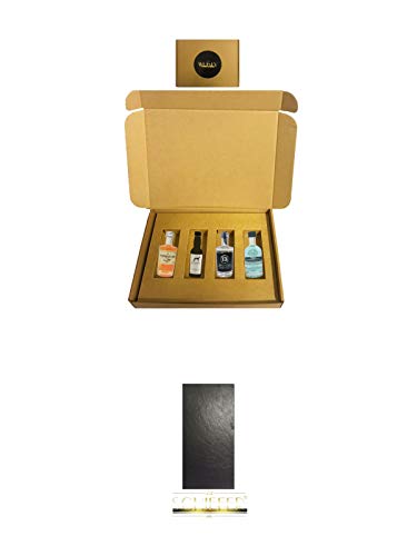 Geschenkbox mit 4 Gin Miniaturen Set 2 + Schiefer Servierplatte/Buffetplatte/Käseplatte 30 x 20 x 0,7 cm Kesper Natur von 1a Schiefer