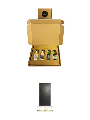 Geschenkbox mit 4 Whisky Miniaturen Set 1 + Schiefer Servierplatte/Buffetplatte/Käseplatte 30 x 20 x 0,7 cm Kesper Natur von 1a Schiefer