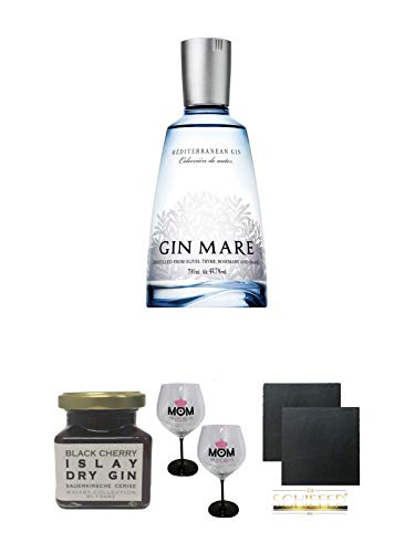 Gin Mare aus Spanien 0,7 Liter + Islay Dry Gin Black Cherry Sauerkirsche Marmelade 150 Gramm + MOM Ballon Glas 2 Stück + Schiefer Glasuntersetzer eckig ca. 9,5 cm Ø 2 Stück Gin Mare aus Spanien 0,7 Liter + Islay Dry Gin Black Cherry Sauerkirsche Marmelade 150 Gramm + MOM Ballon Glas 2 Stück + Schiefer Glasuntersetzer eckig ca. 9,5 cm Ø 2 Stück von 1a Schiefer