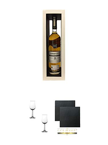 Girvan Patent Still 25 YO Malt Whisky 0,7 Liter + Nosing Gläser Kelchglas Bugatti mit Eichstrich 2cl und 4cl - 2 Stück + Schiefer Glasuntersetzer eckig ca. 9,5 cm Ø 2 Stück von 1a Schiefer