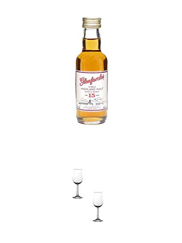 Glenfarclas 15 Jahre Single Malt Whisky 5 cl + Nosing Gläser Kelchglas Bugatti mit Eichstrich 2cl und 4cl - 2 Stück von 1a Schiefer