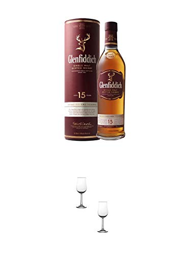 Glenfiddich 15 Jahre Single Malt Whisky 0,7 Liter + Nosing Gläser Kelchglas Bugatti mit Eichstrich 2cl und 4cl - 2 Stück von 1a Schiefer