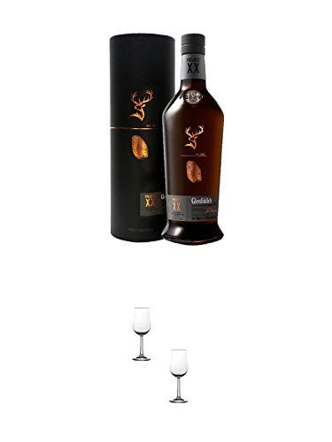 Glenfiddich XX Single Malt Whisky 0,7 Liter + Nosing Gläser Kelchglas Bugatti mit Eichstrich 2cl und 4cl - 2 Stück von 1a Schiefer