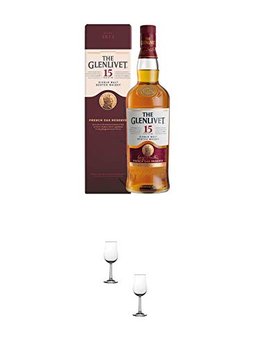Glenlivet 15 Jahre French Oak Reserve Single Malt Whisky 0,7 Liter + Nosing Gläser Kelchglas Bugatti mit Eichstrich 2cl und 4cl - 2 Stück von 1a Schiefer