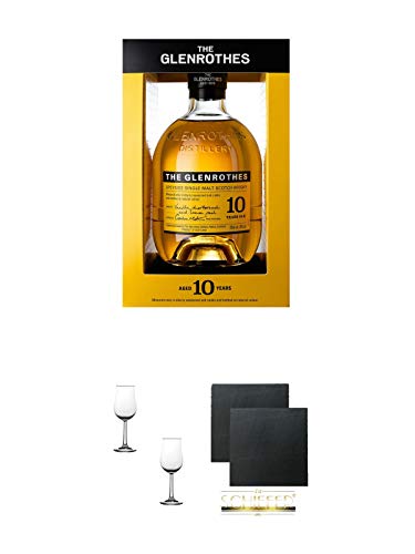 Glenrothes 10 Jahre 40% Single Malt Whisky 0,7 Liter + Nosing Gläser Kelchglas Bugatti mit Eichstrich 2cl und 4cl - 2 Stück + Schiefer Glasuntersetzer eckig ca. 9,5 cm Ø 2 Stück von 1a Schiefer