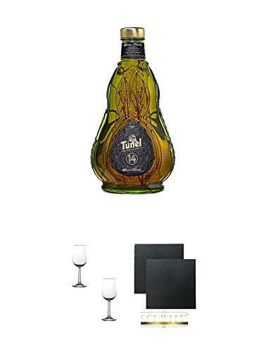 HIERBAS TUNEL 14 RESERVA FAMILIAR 0,7 Liter + Nosing Gläser Kelchglas Bugatti mit Eichstrich 2cl und 4cl - 2 Stück + Schiefer Glasuntersetzer eckig ca. 9,5 cm Ø 2 Stück von 1a Schiefer