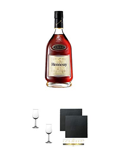 Hennessy VSOP Cognac Frankreich 0,7 Liter + Nosing Gläser Kelchglas Bugatti mit Eichstrich 2cl und 4cl - 2 Stück + Schiefer Glasuntersetzer eckig ca. 9,5 cm Ø 2 Stück von 1a Schiefer