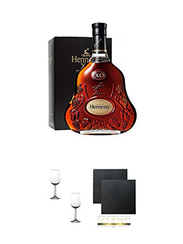 Hennessy XO Cognac Frankreich 0,35 Liter + Nosing Gläser Kelchglas Bugatti mit Eichstrich 2cl und 4cl - 2 Stück + Schiefer Glasuntersetzer eckig ca. 9,5 cm Ø 2 Stück von 1a Schiefer