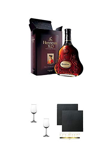 Hennessy XO Cognac Frankreich 0,7 Liter + Nosing Gläser Kelchglas Bugatti mit Eichstrich 2cl und 4cl - 2 Stück + Schiefer Glasuntersetzer eckig ca. 9,5 cm Ø 2 Stück von 1a Schiefer