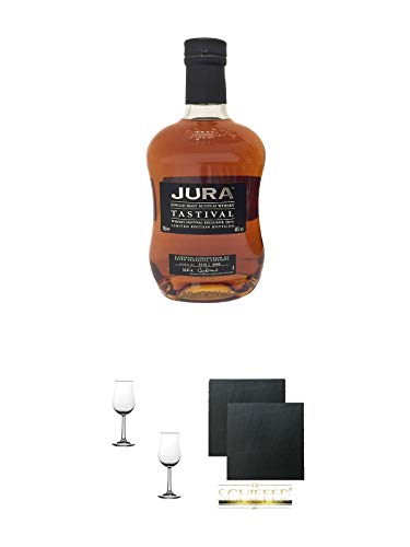 Isle of Jura Tastival Whisky - 2014-44% 0,7 Liter + Nosing Gläser Kelchglas Bugatti mit Eichstrich 2cl und 4cl - 2 Stück + Schiefer Glasuntersetzer eckig ca. 9,5 cm Ø 2 Stück von 1a Schiefer